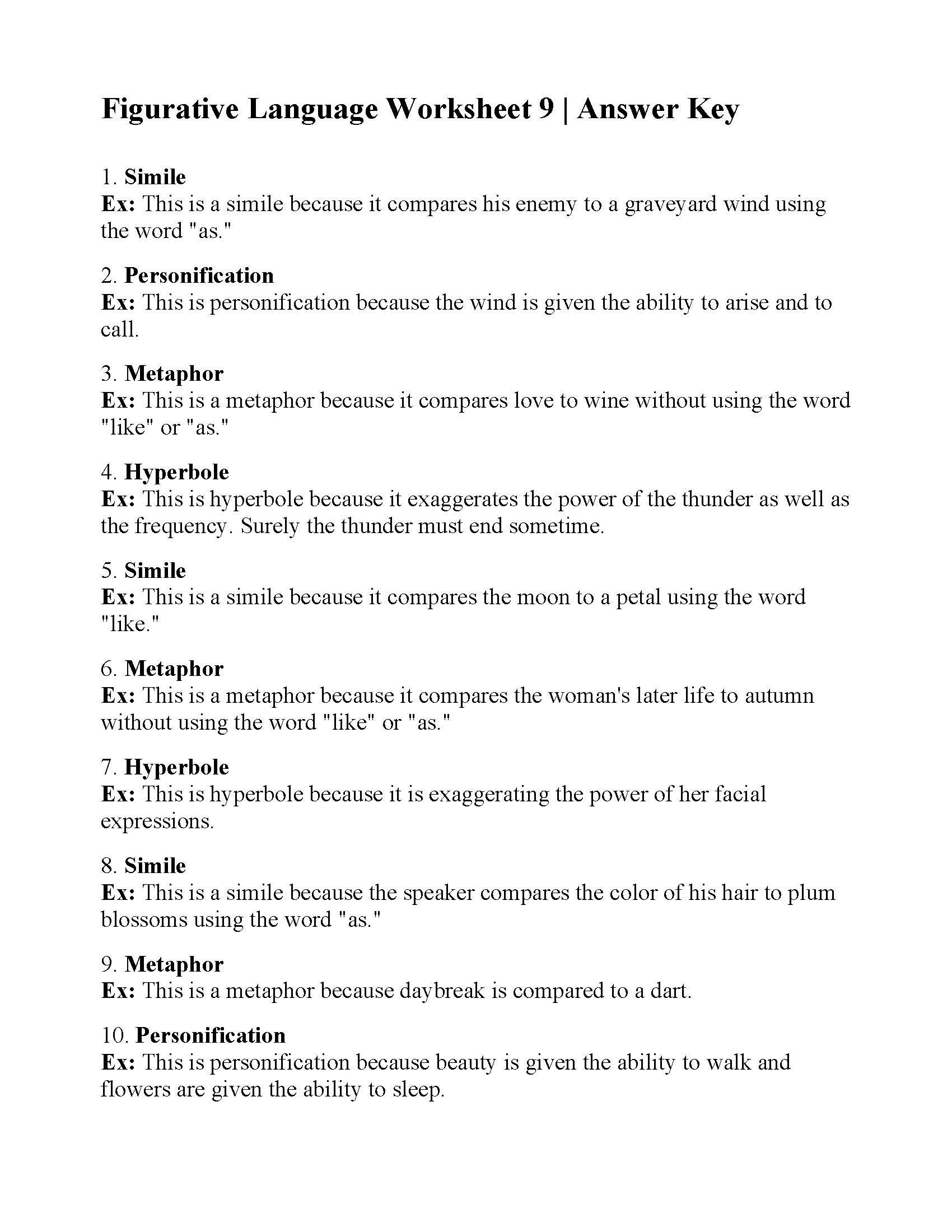 Personification Worksheets 6th Grade Figurative Language Worksheet 9