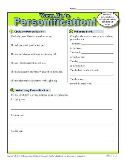 Personification Worksheets 6th Grade Personification Warm Up Activity