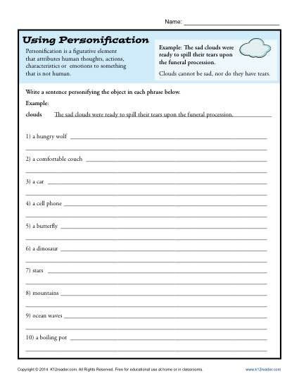 Personification Worksheets 6th Grade Using Personification