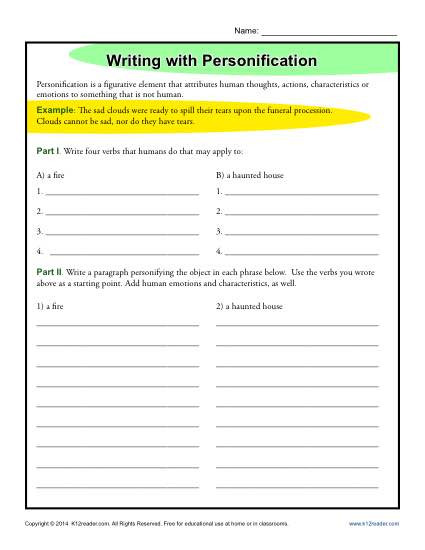 Personification Worksheets 6th Grade Writing with Personification