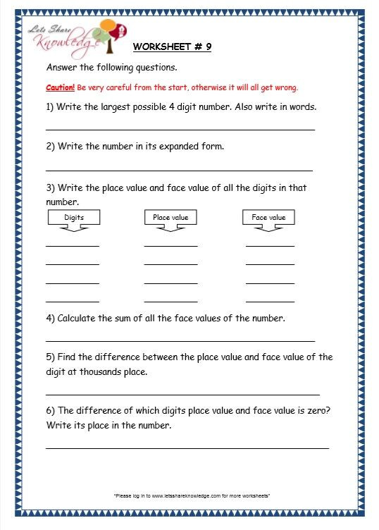 Place Value Worksheet 3rd Grade Grade 3 Maths Worksheets 4 Digit Numbers 1 3 Finding the