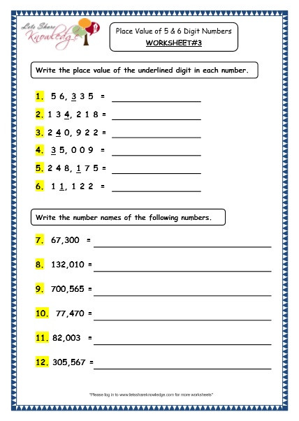 Place Value Worksheet 3rd Grade Grade 4 Maths Resources 1 1 Place Value Of 5 and 6 Digit