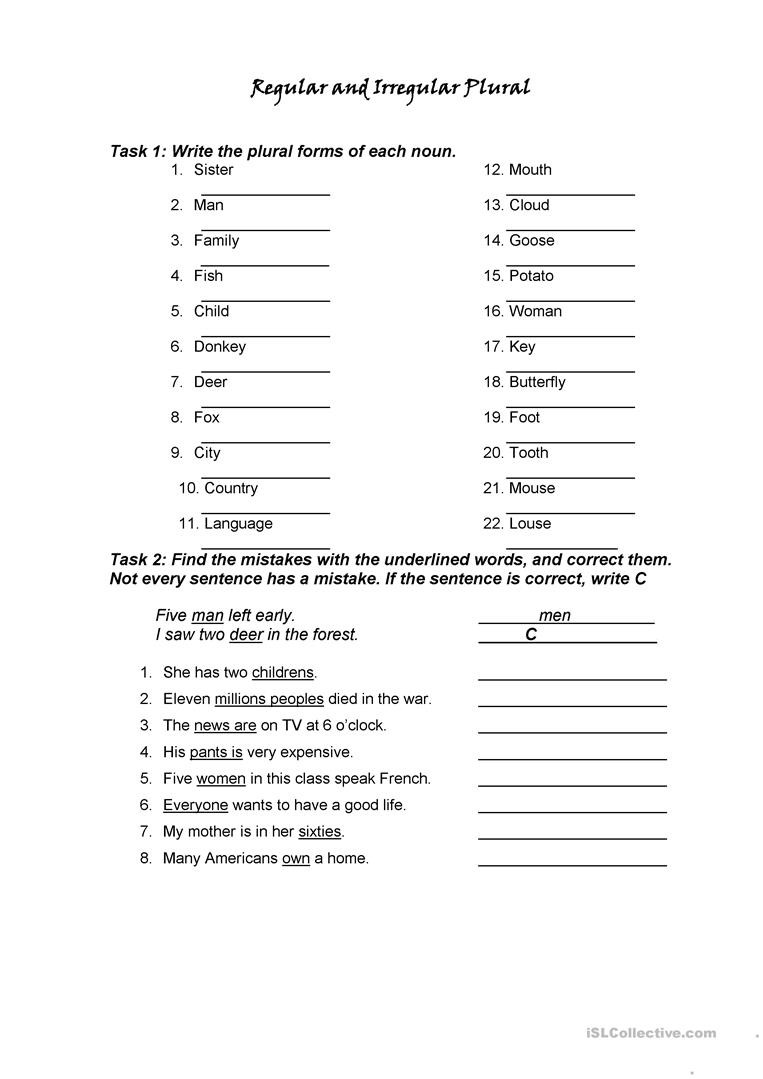 Plural Nouns Worksheet 5th Grade Regular and Irregular Plural Noun Exercises English Esl