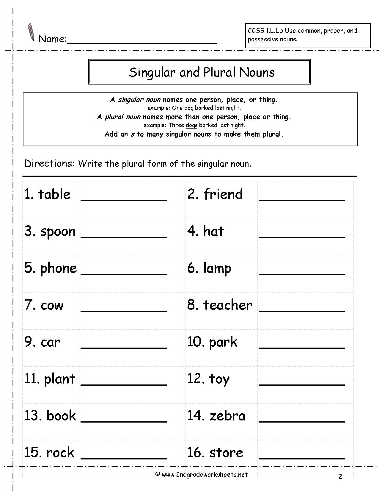 Plural Nouns 3rd Grade Worksheet