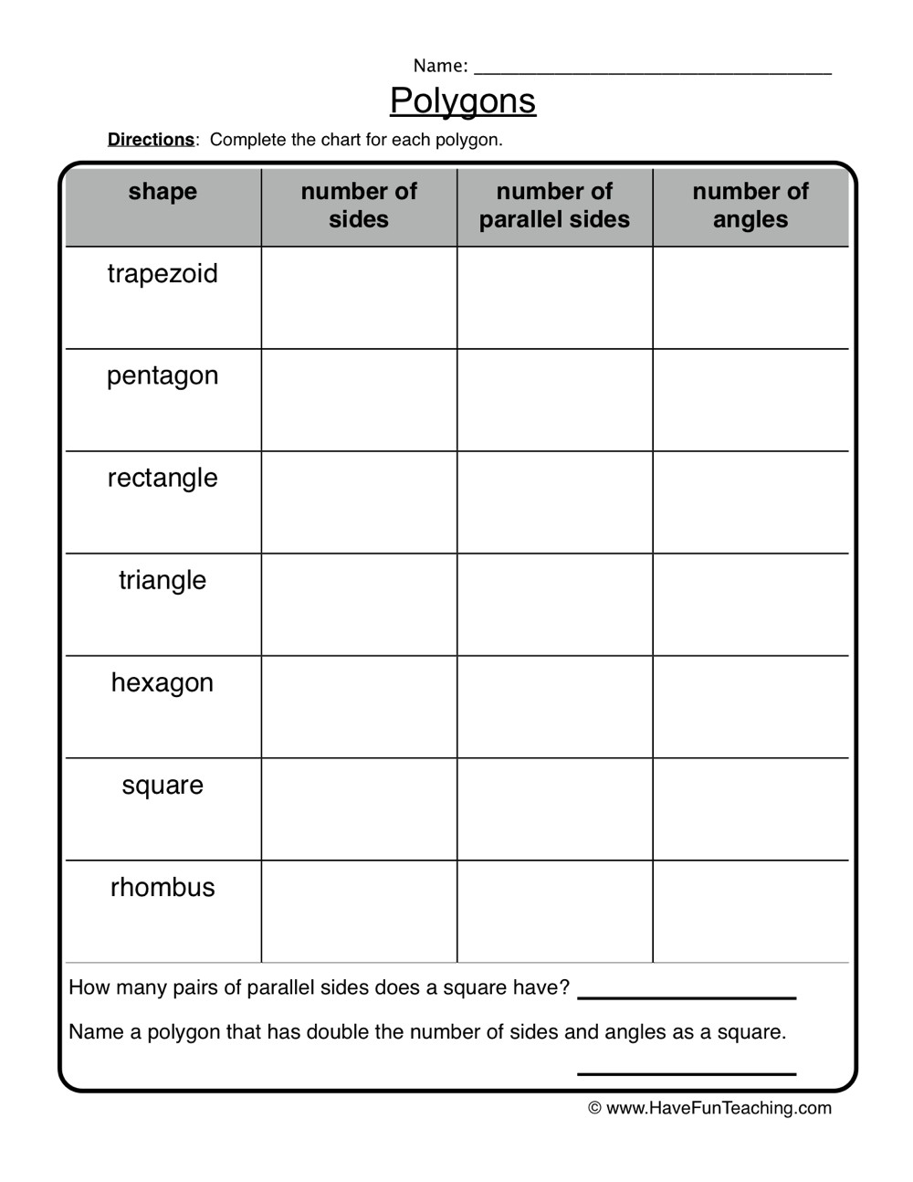 Polygons Worksheets 5th Grade Polygons attributes Worksheet