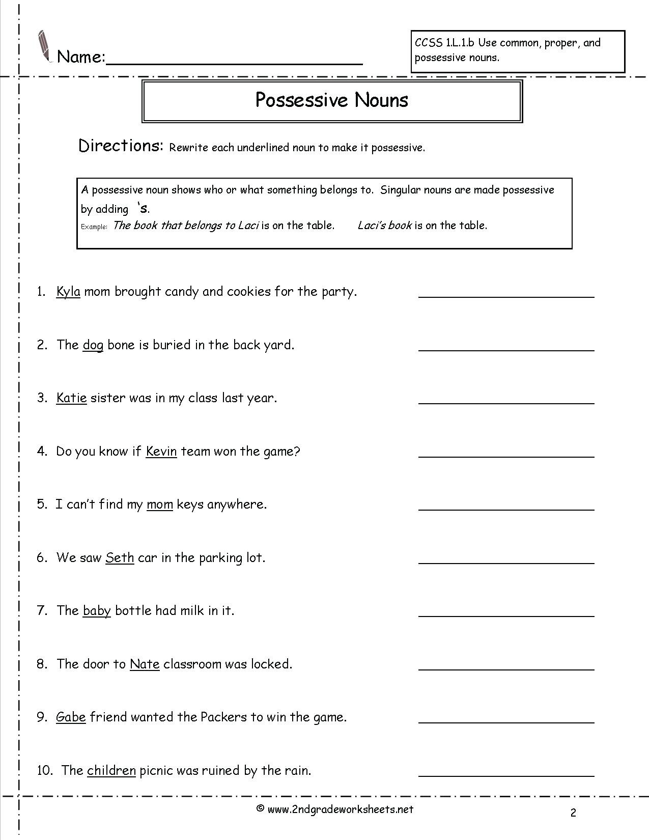 Possessive Pronoun Worksheet 3rd Grade Nouns and Pronouns Worksheets Possessive Nouns Worksheet