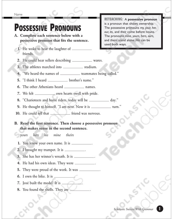 Possessive Pronoun Worksheet 3rd Grade Possessive Pronouns Grades 5 6