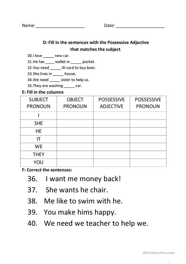 Possessive Pronoun Worksheet 3rd Grade Subject Object Possessive Pronoun Practice English Esl