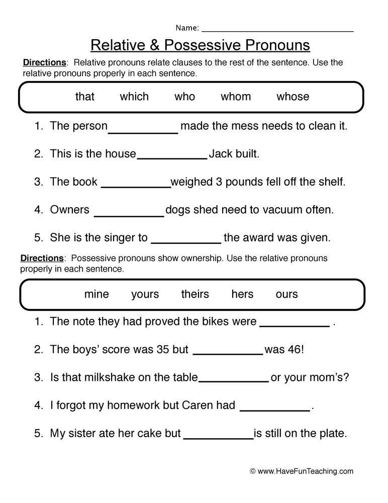 Possessive Pronoun Worksheets 5th Grade Relative and Possessive Pronouns Worksheet
