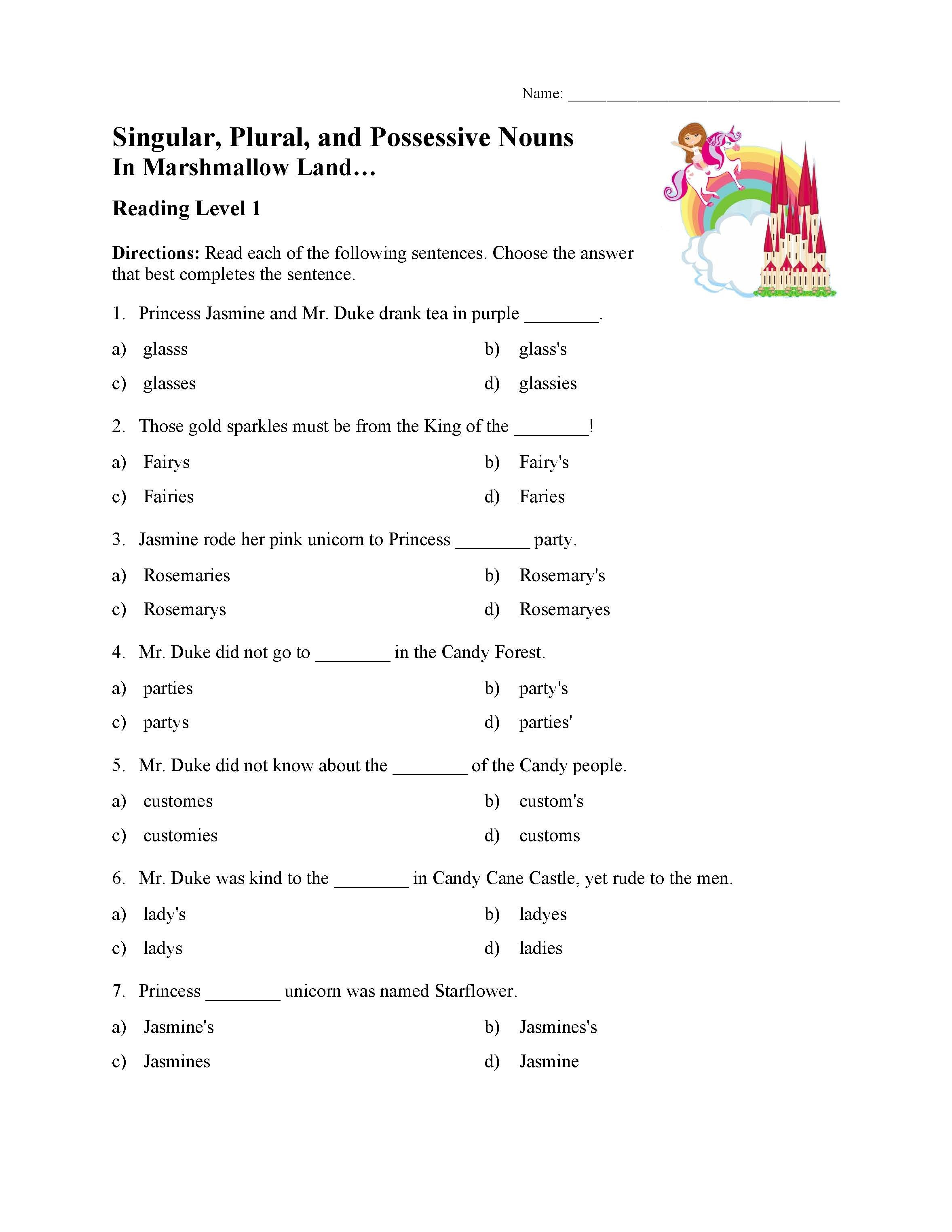 Possessive Pronoun Worksheets 5th Grade Singular Plural and Possessive Nouns Test 1