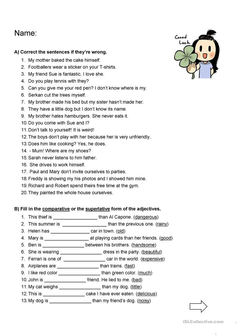 Possessive Pronoun Worksheets 5th Grade Test Pronouns and Parative Superlative English Esl