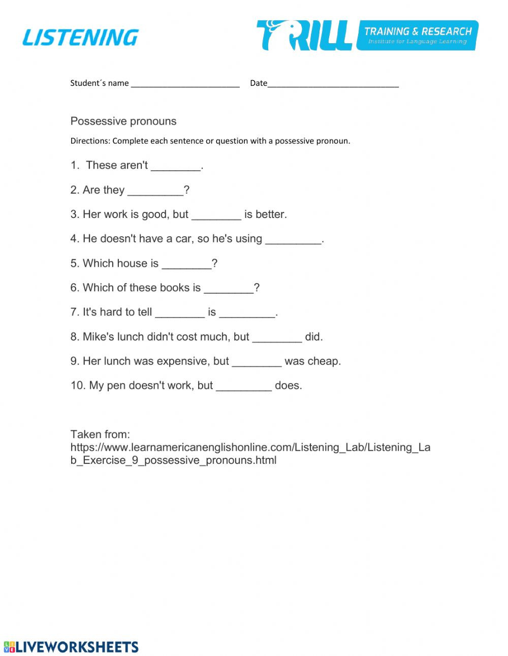 Possessive Pronouns Worksheet 5th Grade Possessive Pronouns Online Exercise and Pdf