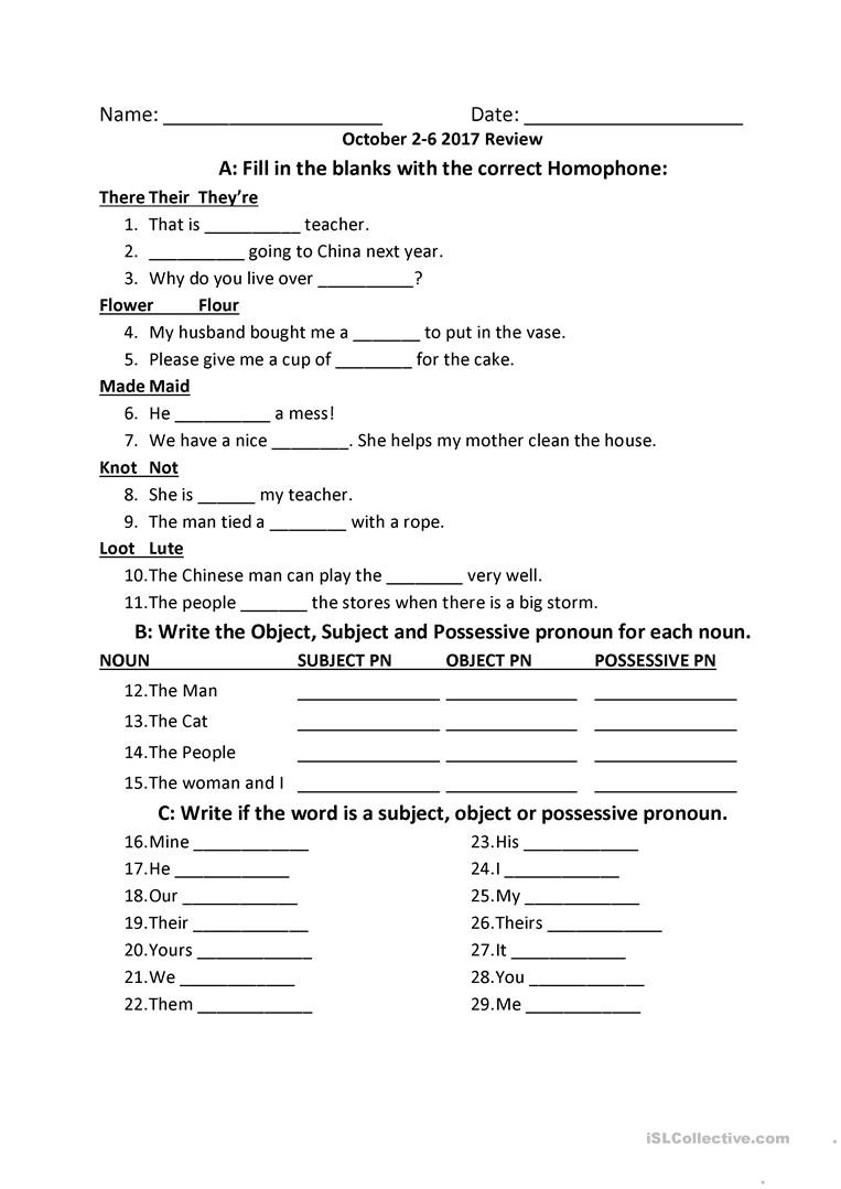 Possessive Pronouns Worksheet 5th Grade Subject Object Possessive Pronoun Practice English Esl