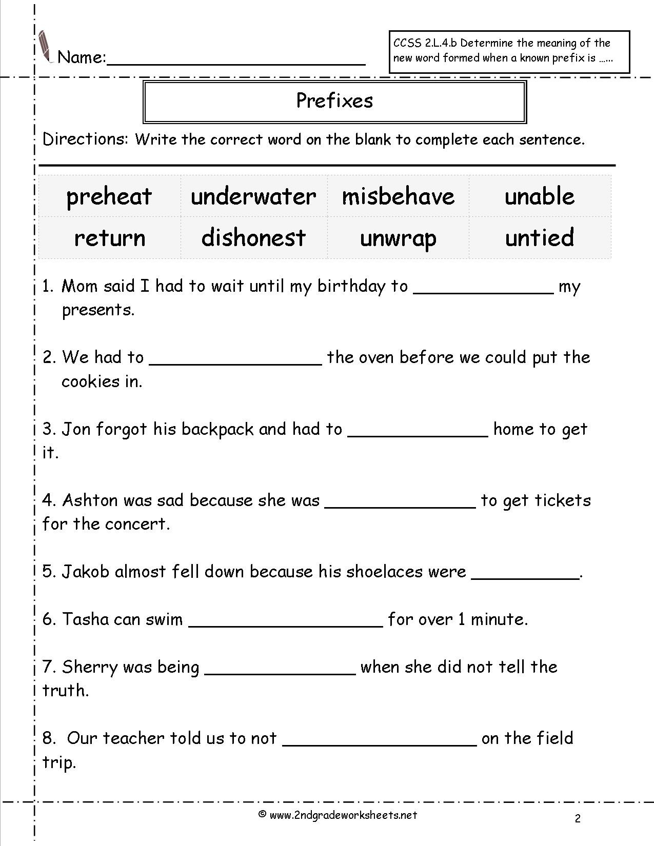 Prefixes Worksheet 3rd Grade Second Grade Prefixes Worksheets Prefix 2nd
