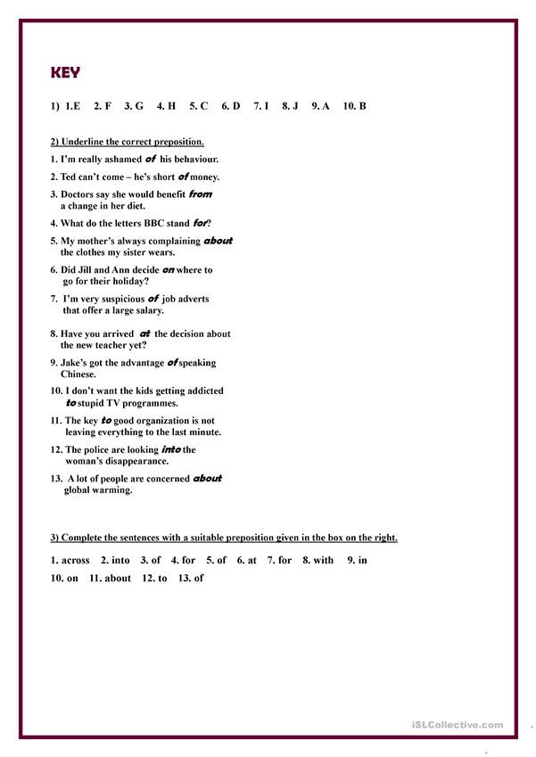 Prepositional Phrase Worksheet 4th Grade Dependent Prepositions Exercises English Esl Worksheets
