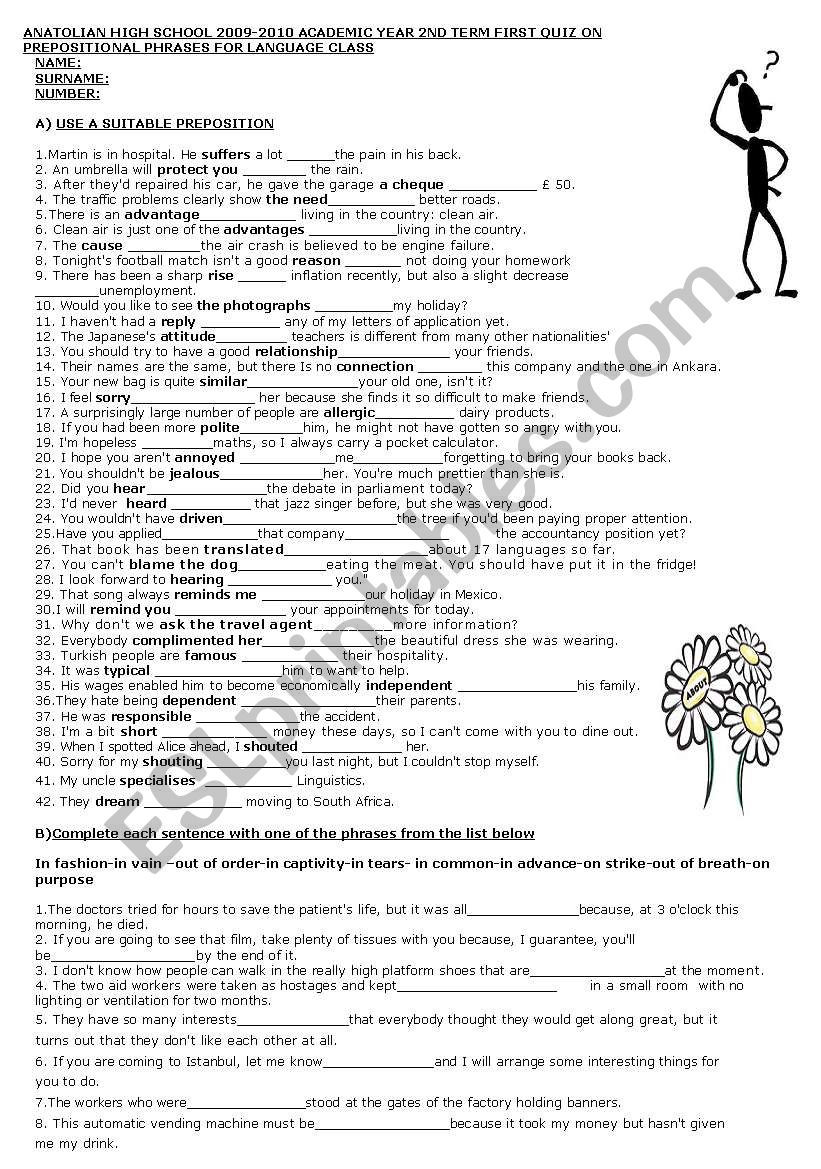 Prepositional Phrase Worksheet 4th Grade Exercises On Prepositional Phrases Esl Worksheet by