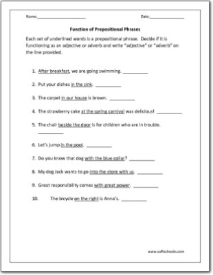 Prepositional Phrase Worksheet 4th Grade Function Of Prepositional Phrases Worksheet