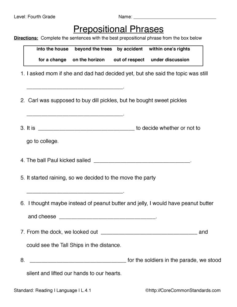 Prepositional Phrase Worksheet 4th Grade L 4 1 Mon Core Worksheet