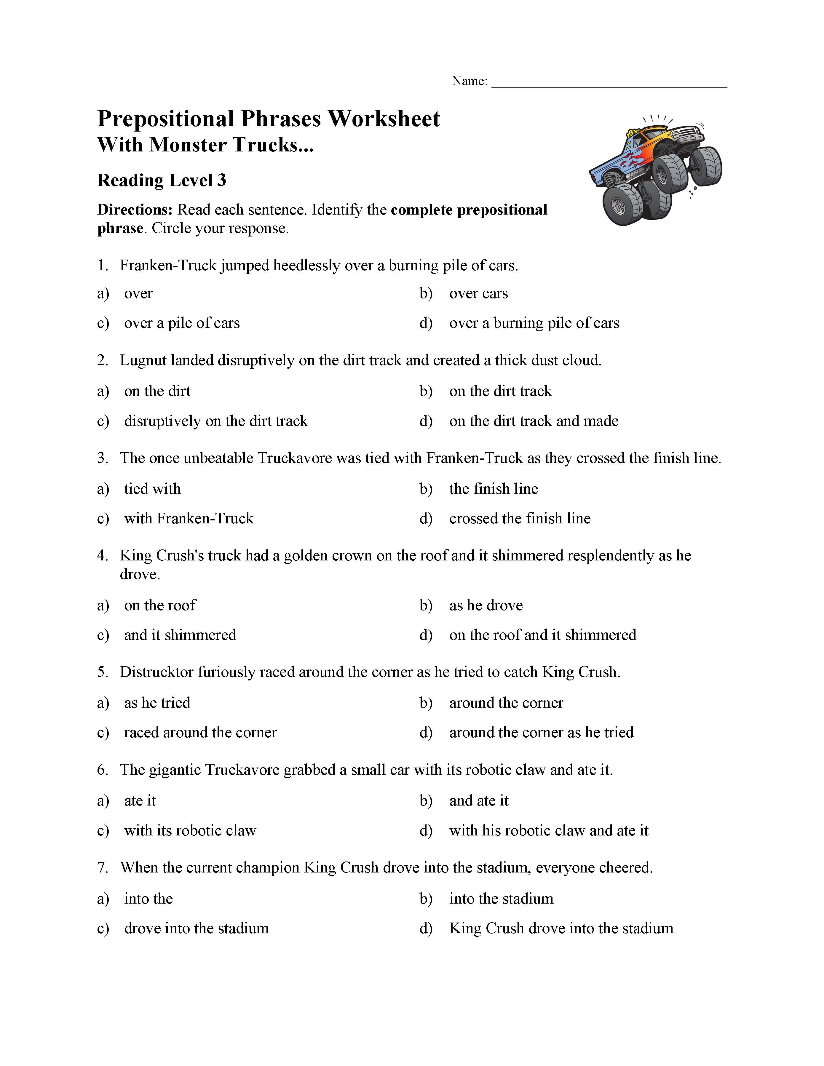 Prepositional Phrase Worksheet 4th Grade Prepositional Phrases Worksheet 1 Reading Level 3