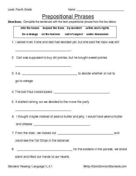 Prepositional Phrase Worksheet 4th Grade Prepositional Phrases Worksheet for 4th Grade