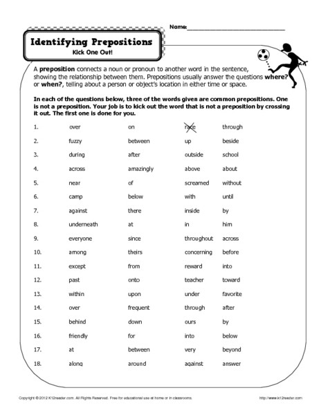 Prepositional Phrases Worksheet 6th Grade Identifying Prepositions Kick E Out Worksheet for 6th