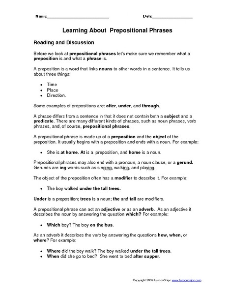 Prepositional Phrases Worksheet 6th Grade Learning About Prepositional Phrases Worksheet for 3rd 6th
