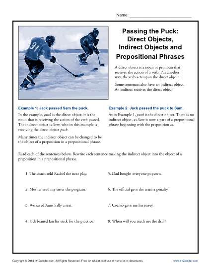 Prepositional Phrases Worksheet 6th Grade Passing the Puck Direct Objects Indirect Objects and