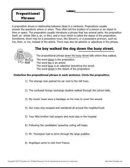20 Prepositional Phrases Worksheet 6th Grade Desalas Template