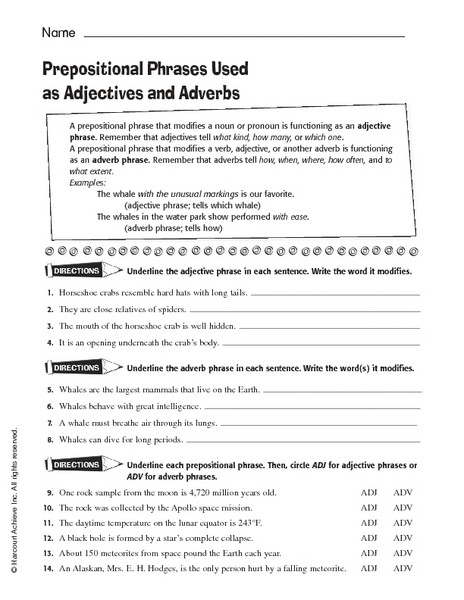 Prepositional Phrases Worksheet 6th Grade Prepositional Phrases Used as Adjectives and Adverbs