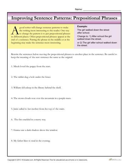 Prepositional Phrases Worksheet 6th Grade Sentence Patterns Prepositional Phrases