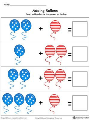 Preschool Addition Worksheets Printable 4th Of July Addition with Balloons