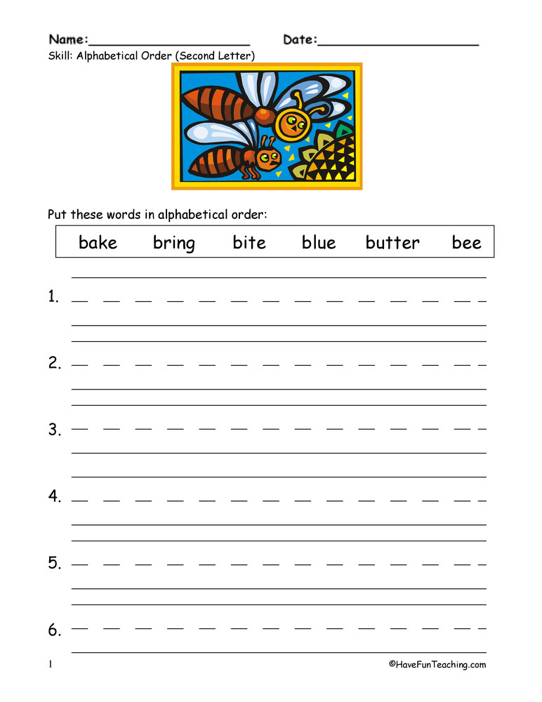 Printable Abc order Worksheets Alphabetical order to the Second Letter Worksheet