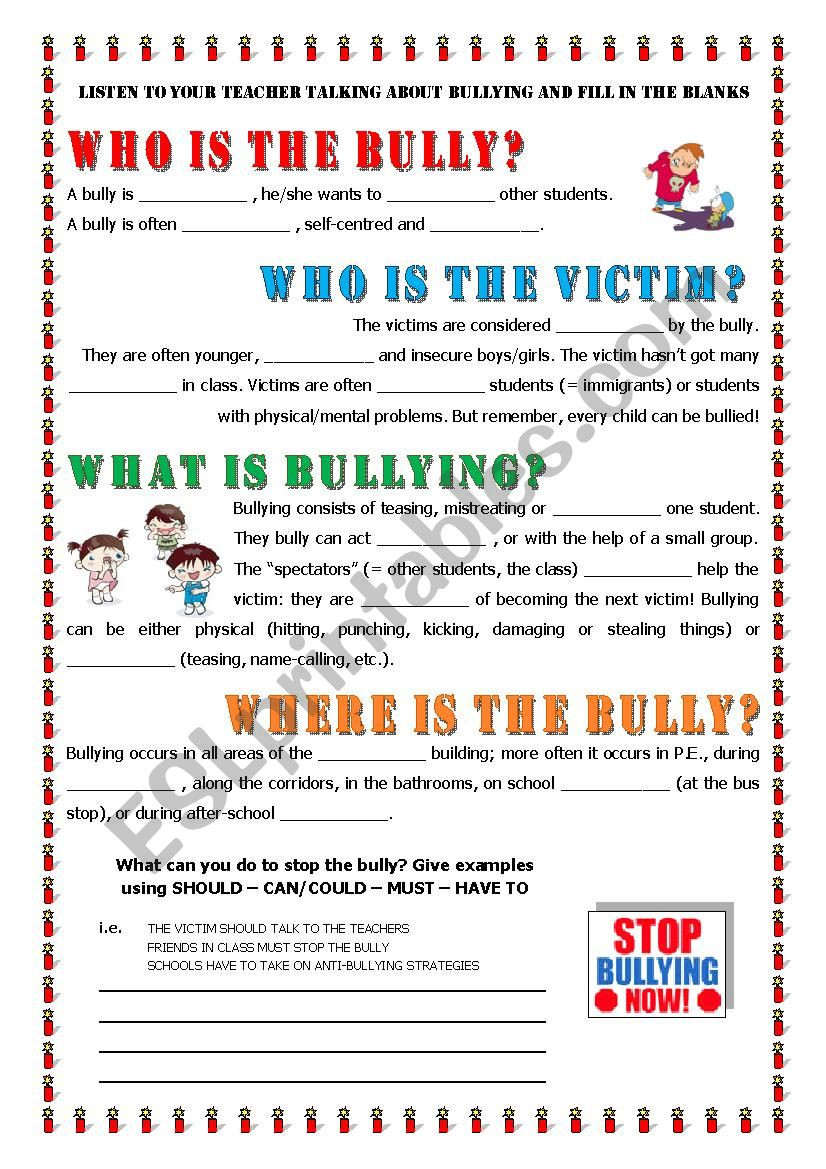 Printable Bullying Worksheets Key Informaton About Bullying Esl Worksheet by Alex076