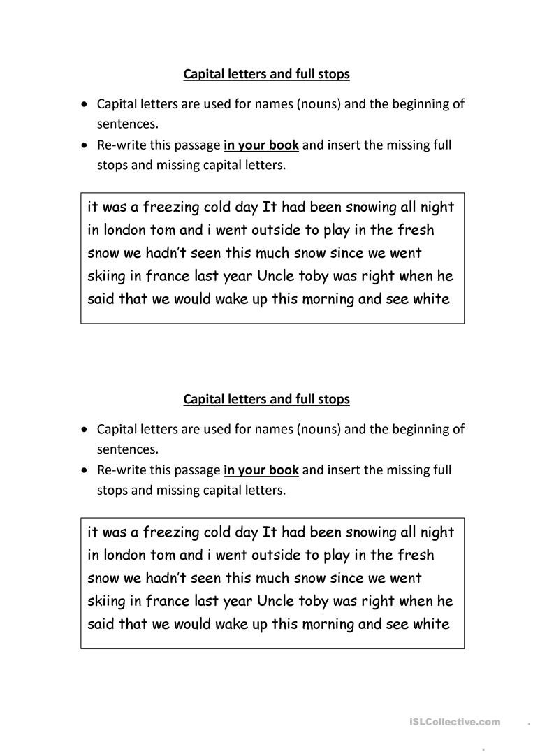 Printable Capitalization Worksheets Capital Letters and Full Stops English Esl Worksheets for