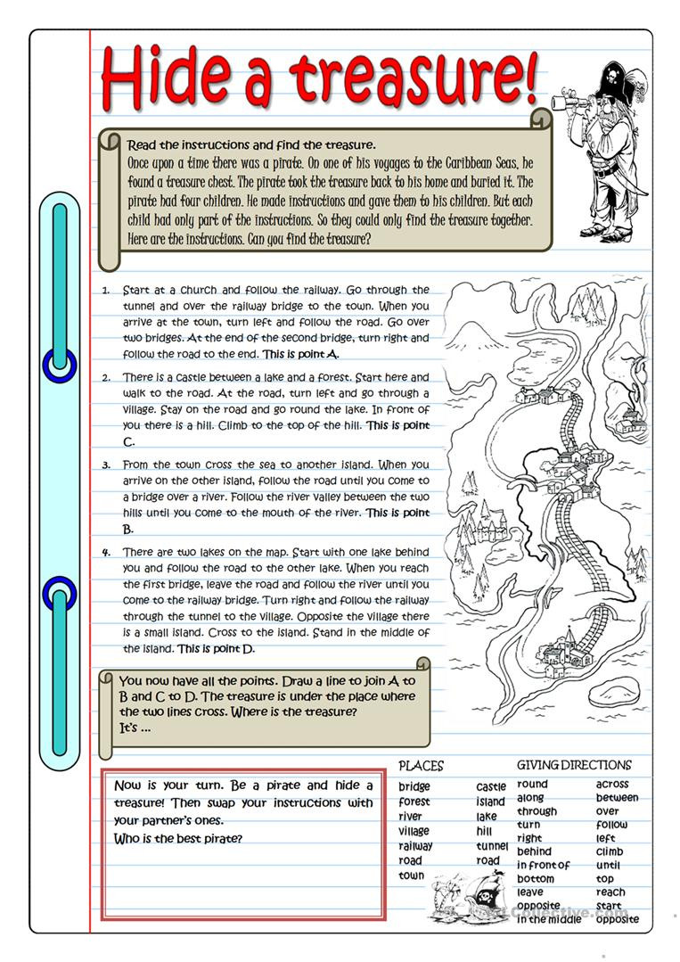 Printable Following Directions Worksheets Hide A Treasure English Esl Worksheets for Distance