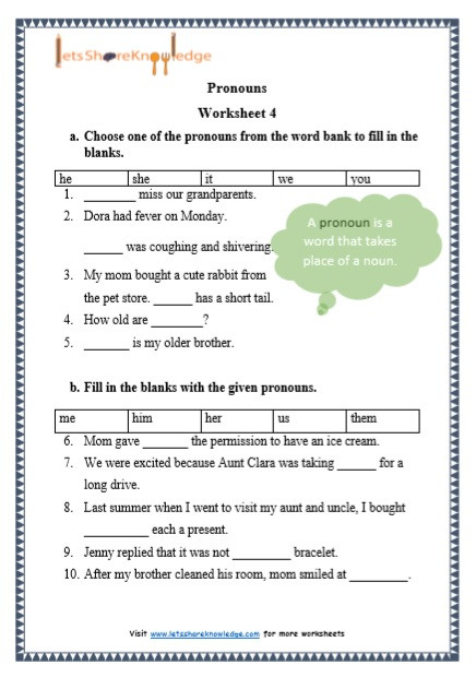 Printable Pronouns Worksheets Grade 1 Grammar Pronouns Printable Worksheets Lets