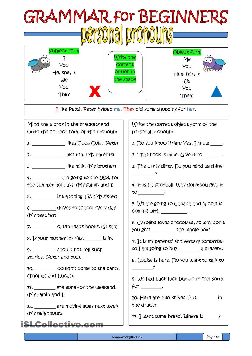 Printable Pronouns Worksheets Grammar for Beginners Personal Pronouns