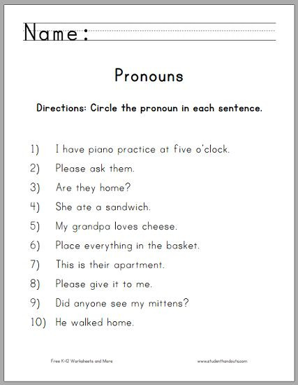 Printable Pronouns Worksheets Pronoun Worksheets for 4th Grade to Print