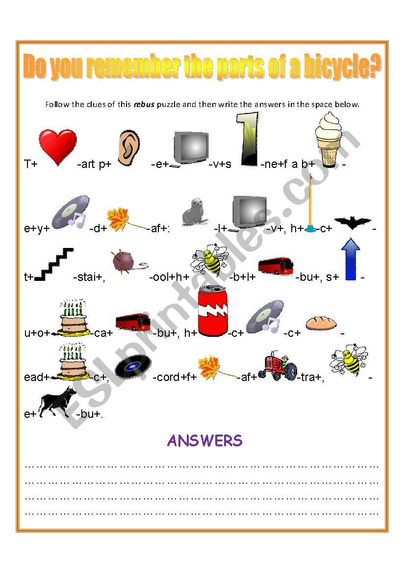 Printable Rebus Puzzles for Kids Parts Of A Bicycle Rebus Puzzle Esl Worksheet by Renda
