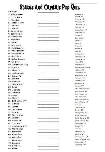 Printable State Capital Quiz Free States and Capitals Printable Quiz