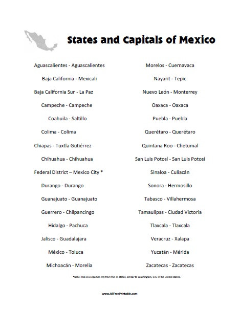 Printable State Capital Quiz States and Capitals Of Mexico List Free Printable
