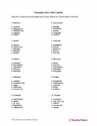 Printable State Capitals Quiz States and Capitals Quiz Printable Grades 5 8 Teachervision