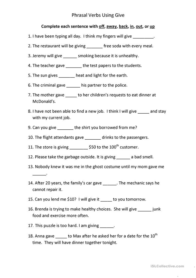 Printable Typing Worksheets Phrasal Verbs Using Give English Esl Worksheets for