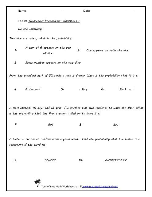 Probability Worksheet 5th Grade theoretical Probability Five Pack Math Worksheets Land