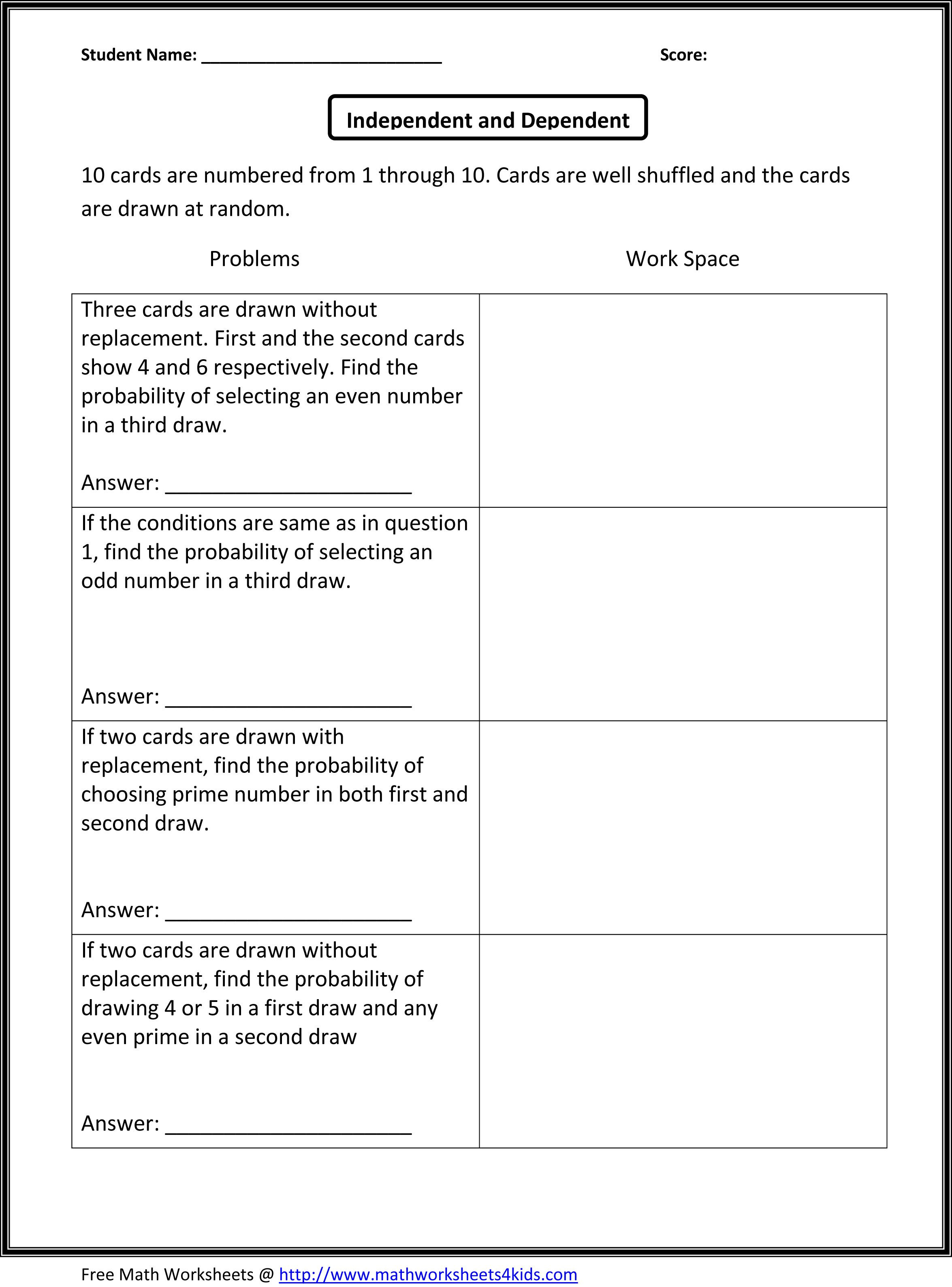 Probability Worksheet 6th Grade Probability Of Independent and Dependent events
