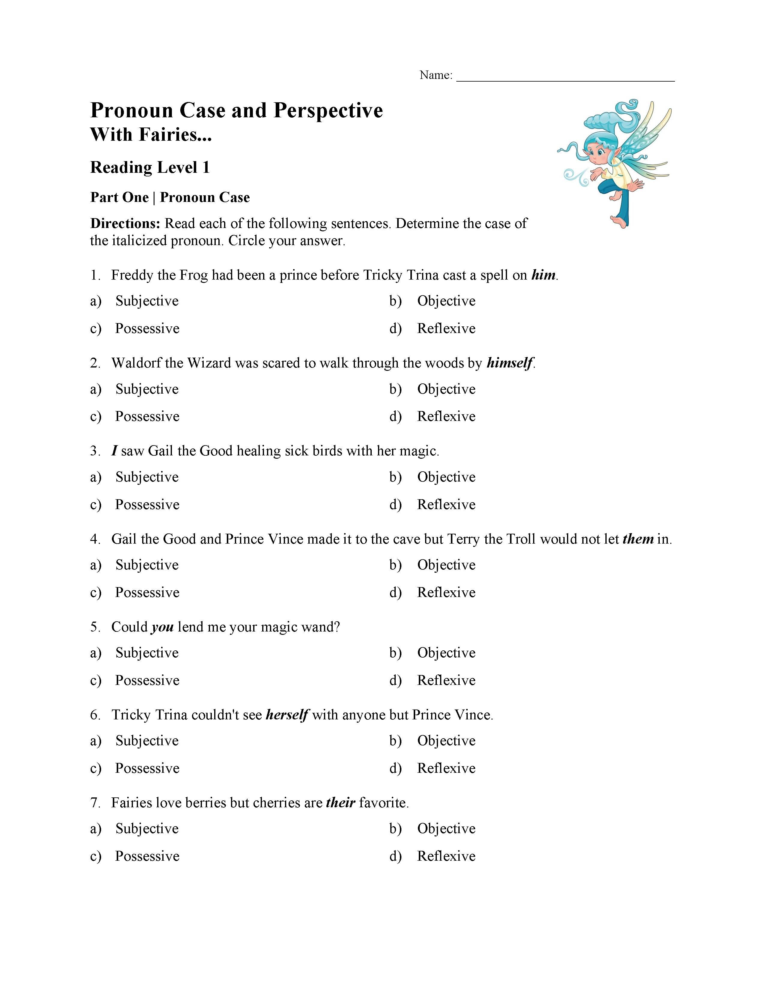Pronoun Worksheets 5th Grade Pronoun Case and Perspective Test with Fairies