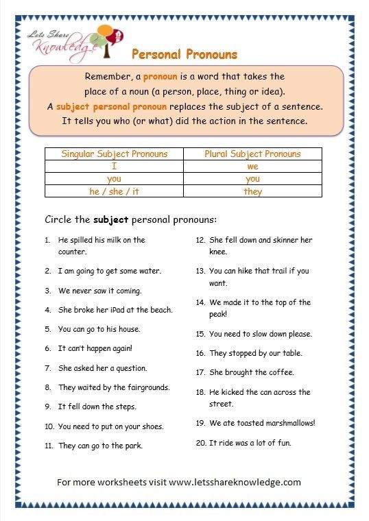 Pronoun Worksheets for 2nd Grade Grade Grammar topic Personal Pronouns Worksheets with
