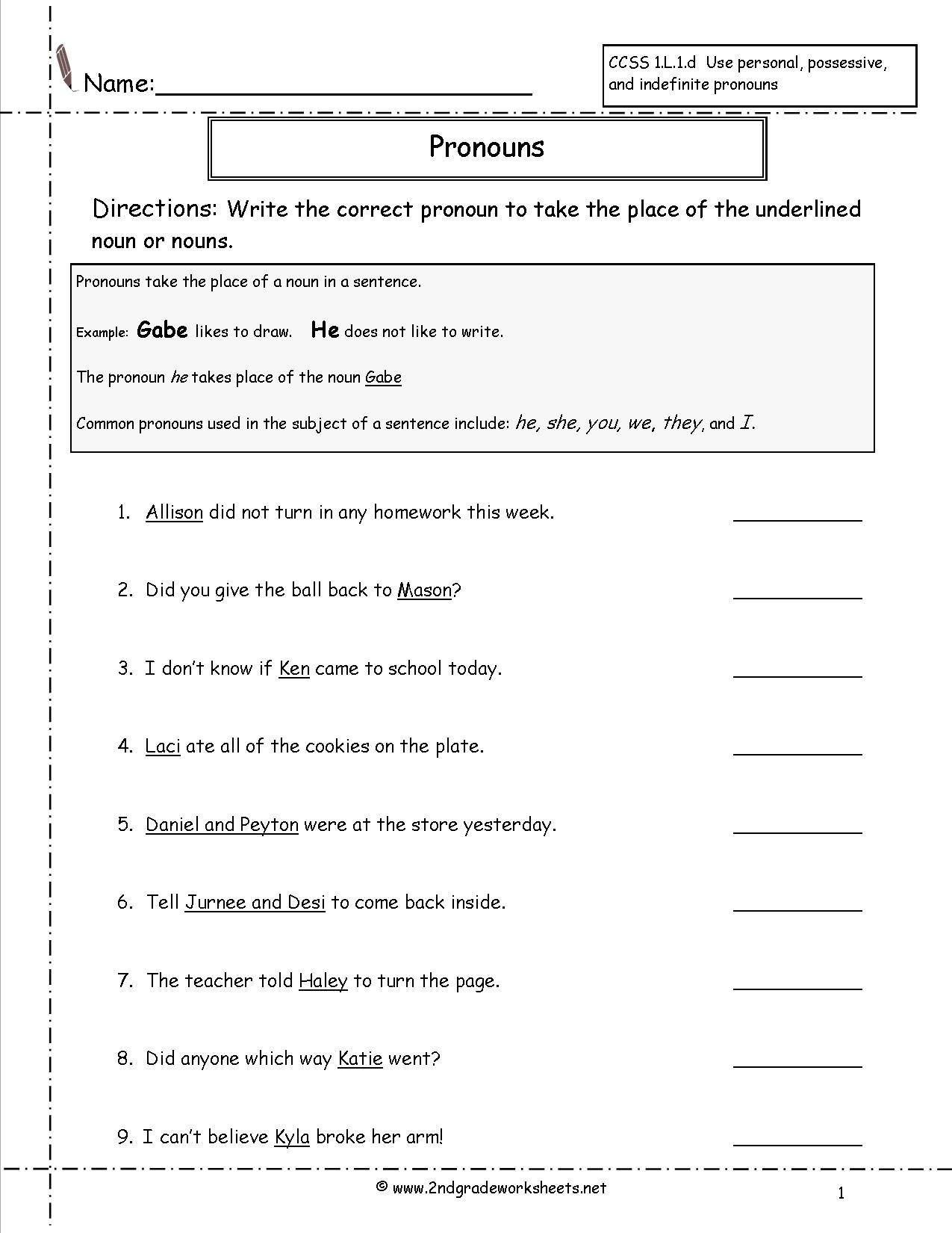 Pronoun Worksheets for 2nd Grade Pronoun Worksheets 2nd Grade