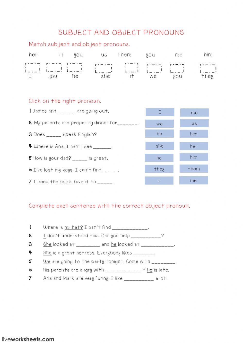 Pronoun Worksheets Second Grade Subject and Object Pronouns Worksheet