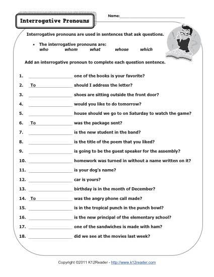 Pronouns Worksheets 5th Grade Interrogative Pronouns